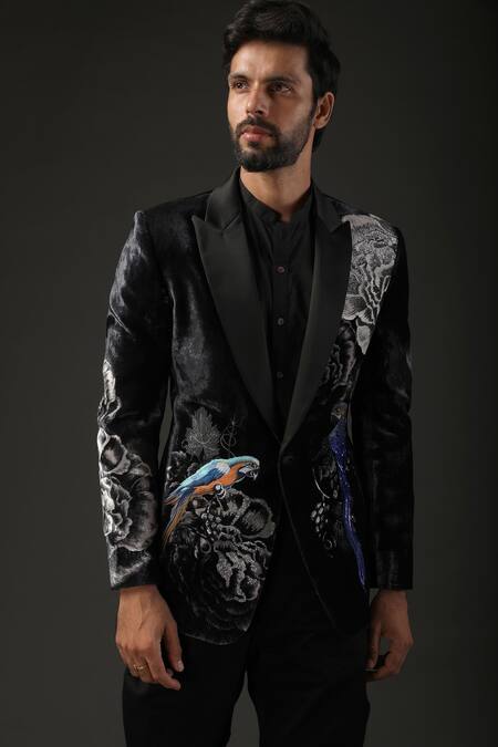 Rohit Bal_Black Velvet, Lining Resham Tuxedo _Online_at_Aza_Fashions