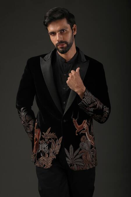 Rohit Bal Black Velvet, Lining Resham Work Tuxedo Online at Aza Fashions Rohit Bal_Black Velvet, Lining Resham Work Tuxedo _Online_at_Aza_Fashions