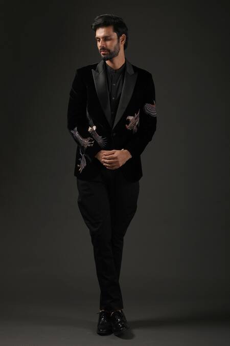 Buy_Rohit Bal_Black Velvet, Lining Resham Embroidered Tuxedo _Online_at_Aza_Fashions