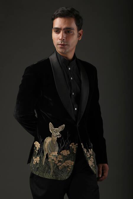 Rohit Bal_Black Velvet, Lining Resham Embroidered Tuxedo _Online_at_Aza_Fashions