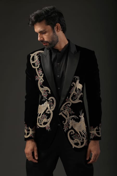 Rohit Bal_Black Silk Velvet Embroidered Resham Tuxedo  _Online_at_Aza_Fashions