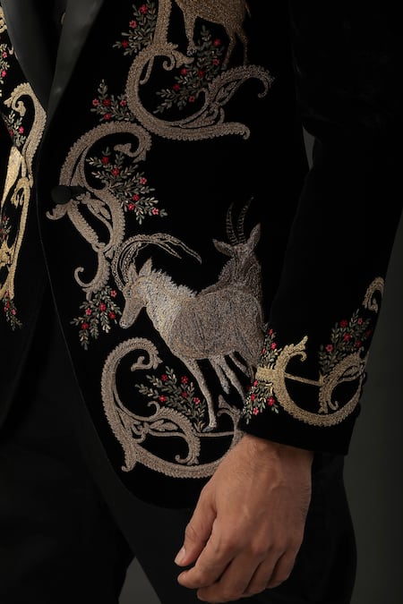 Buy_Rohit Bal_Black Silk Velvet Embroidered Resham Tuxedo  _Online_at_Aza_Fashions