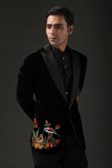 Rohit Bal_Black Velvet, Lining Resham Embroidered Tuxedo _Online_at_Aza_Fashions