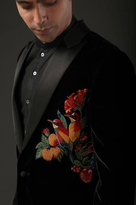 Buy_Rohit Bal_Black Velvet, Lining Resham Embroidered Tuxedo _Online_at_Aza_Fashions