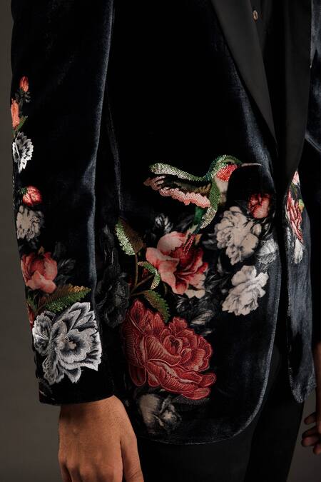 Rohit Bal_Black Velvet, Lining Resham Embroidered Tuxedo _Online_at_Aza_Fashions