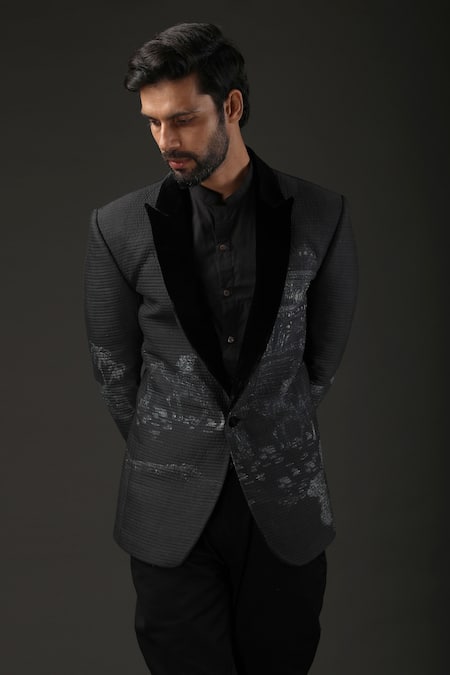Rohit Bal_Black Chanderi , Lining Shibori Quilted Tuxedo _Online_at_Aza_Fashions