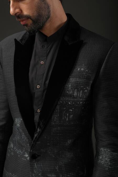Buy_Rohit Bal_Black Chanderi , Lining Shibori Quilted Tuxedo _Online_at_Aza_Fashions