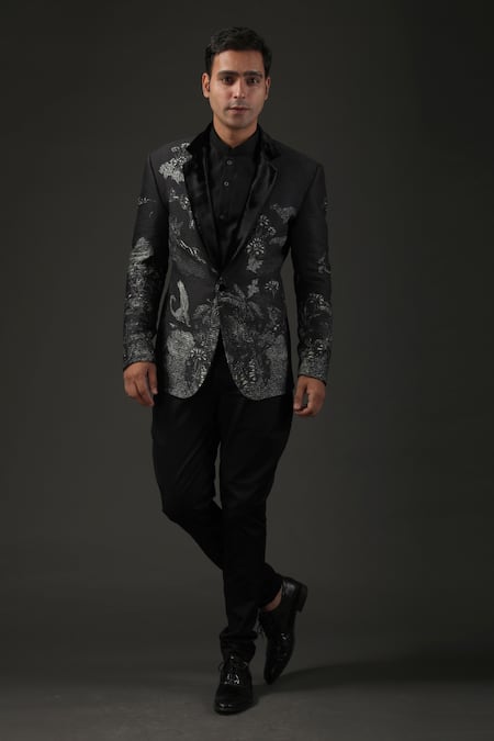 Buy Black Chanderi Silk Printed Shibori Quilted Tuxedo For Men by Rohit ...