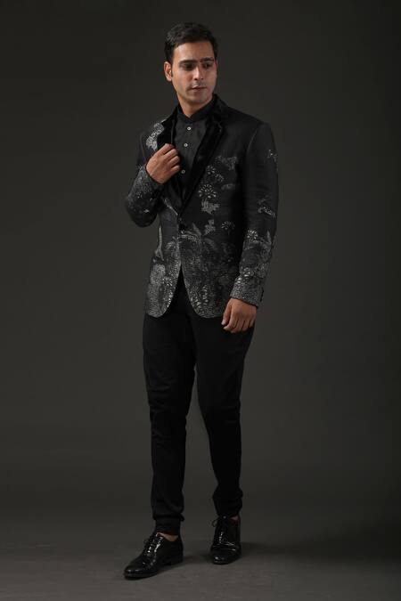 Rohit Bal_Black Chanderi , Lining Shibori Quilted Tuxedo _Online_at_Aza_Fashions