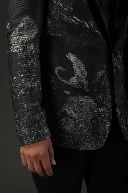 Buy_Rohit Bal_Black Chanderi , Lining Shibori Quilted Tuxedo _Online_at_Aza_Fashions