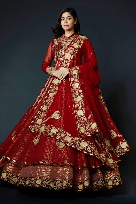 Taupe & Red Designer Embroidered Wedding Lehenga Style Anarkali Suit |  Party wear lehenga, Lehenga style, Anarkali dress