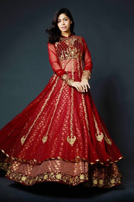 Buy_Rohit Bal_Maroon Net Lining Cotton Zari Work Band Embroidered Anarkali Lehenga Set _Online_at_Aza_Fashions