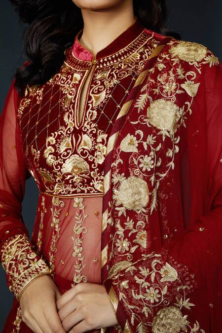 Rohit Bal_Maroon Net Lining Cotton Zari Work Band Embroidered Anarkali Lehenga Set _at_Aza_Fashions