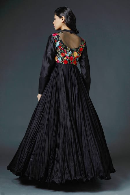Shop_Rohit Bal_Black Chanderi Silk Lining Cotton Thread Band Floral Embroidered Anarkali Set _at_Aza_Fashions