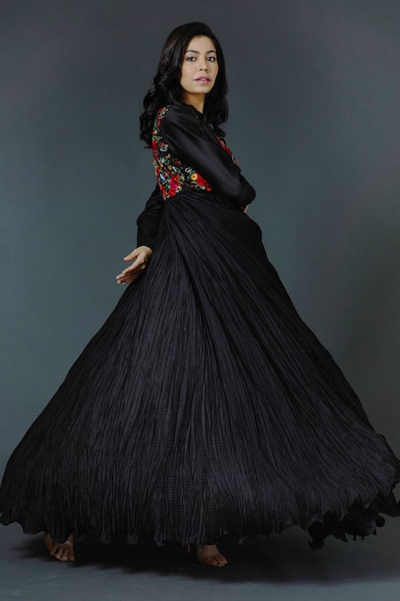 Rohit Bal_Black Chanderi Silk Lining Cotton Thread Band Floral Embroidered Anarkali Set _Online_at_Aza_Fashions