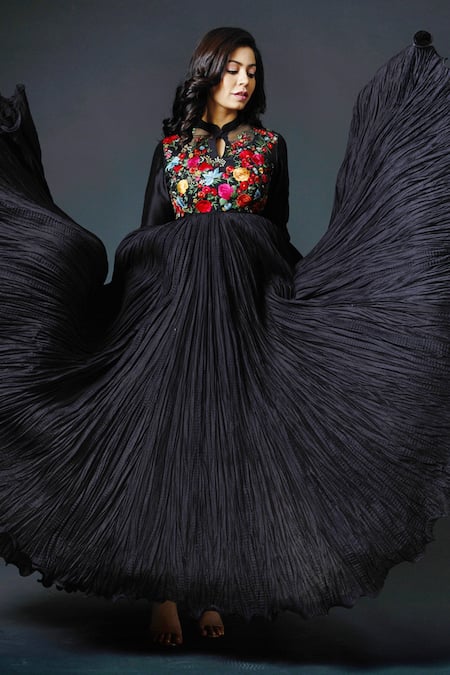 Buy_Rohit Bal_Black Chanderi Silk Lining Cotton Thread Band Floral Embroidered Anarkali Set _Online_at_Aza_Fashions