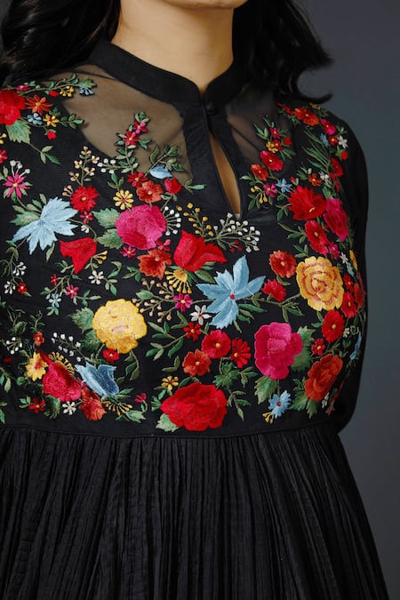 Shop_Rohit Bal_Black Chanderi Silk Lining Cotton Thread Band Floral Embroidered Anarkali Set _Online_at_Aza_Fashions