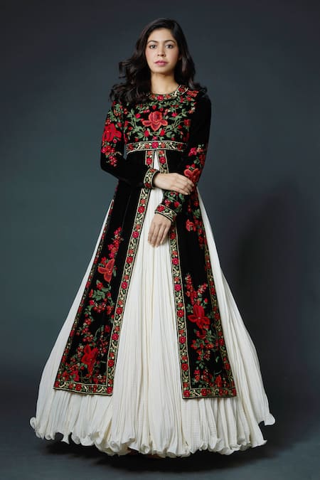 Rohit Bal Black Chanderi Silk Lining Cotton Embroidery Thread Anarkali Set  