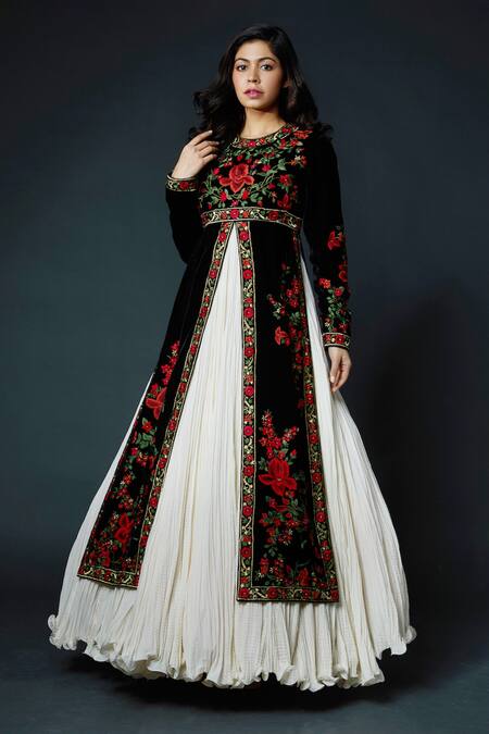 Rohit Bal_Black Chanderi Silk Lining Cotton Thread Round Anarkali Set _Online_at_Aza_Fashions