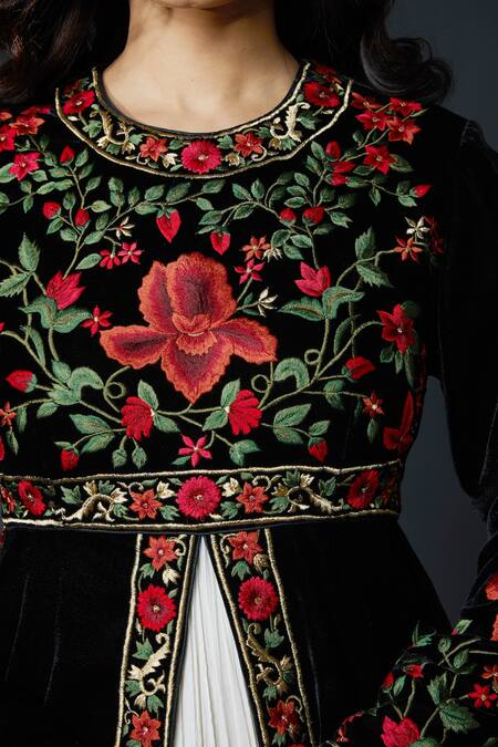 Buy_Rohit Bal_Black Chanderi Silk Lining Cotton Thread Round Anarkali Set _Online_at_Aza_Fashions