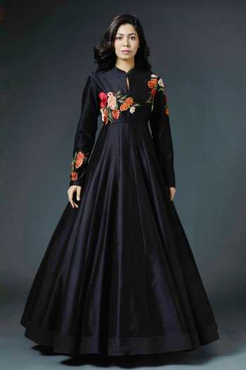 Rohit Bal_Black Chanderi Silk Lining Cotton Thread Band Anarkali Set _Online_at_Aza_Fashions