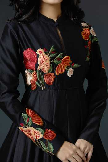 Buy_Rohit Bal_Black Chanderi Silk Lining Cotton Thread Band Anarkali Set _Online_at_Aza_Fashions