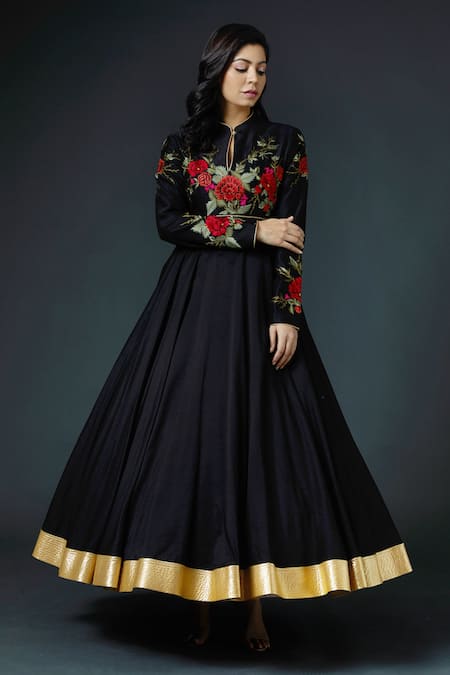 Rohit Bal_Black Chanderi Silk Lining Cotton Thread Band Anarkali Set _Online_at_Aza_Fashions