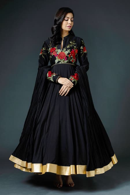 Buy_Rohit Bal_Black Chanderi Silk Lining Cotton Thread Band Anarkali Set _Online_at_Aza_Fashions