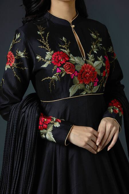 Shop_Rohit Bal_Black Chanderi Silk Lining Cotton Thread Band Anarkali Set _Online_at_Aza_Fashions