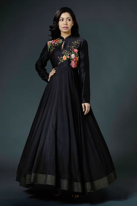 Buy Bunaai Black Designer Anarkali With Churidar Suit Set For Women Online