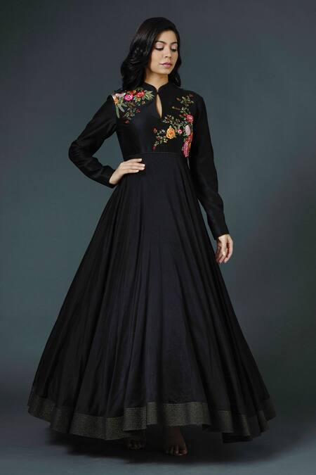 Rohit Bal_Black Chanderi Silk, Lining Cotton Resham Thread Work Embroidered Anarkali Set _Online_at_Aza_Fashions