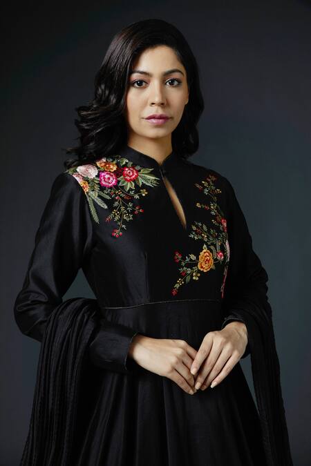 Buy_Rohit Bal_Black Chanderi Silk, Lining Cotton Resham Thread Work Embroidered Anarkali Set _Online_at_Aza_Fashions