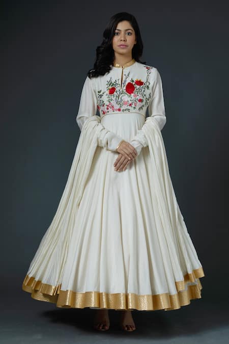 Buy Ivory Chanderi Silk Embroidered Resham Thread Work Anarkali Set For ...