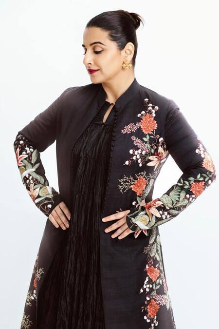 Rohit Bal_Black Matka Silk Hand Embroidered Floral Pattern Resham Long Jacket  _Online_at_Aza_Fashions