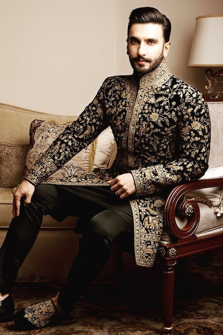 Rohit Bal Black Silk Embroidered Floral And Bird Pattern Sherwani 