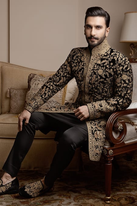 Shop_Rohit Bal_Black , Lining Floral And Bird Pattern Embroidered Sherwani _at_Aza_Fashions
