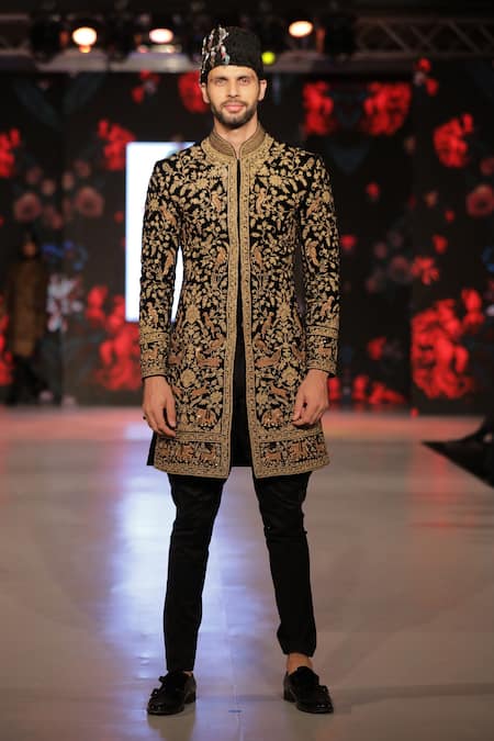 Rohit Bal_Black , Lining Floral And Bird Pattern Embroidered Sherwani _Online_at_Aza_Fashions
