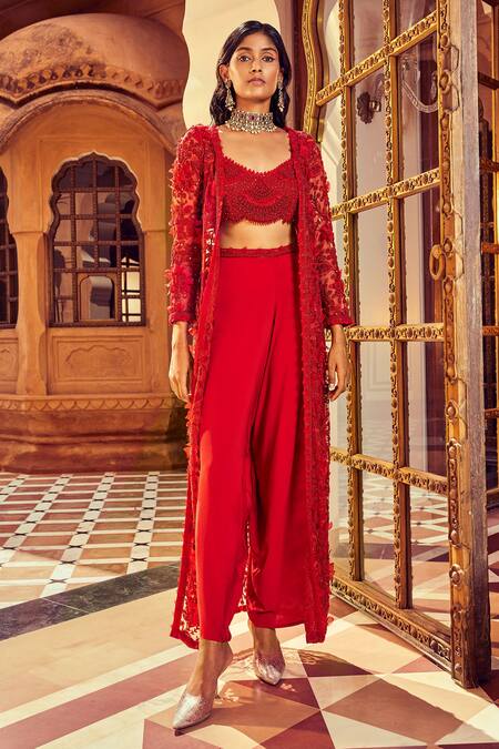 Buy_Ridhima Bhasin_Red Organza And Crepe 3d Floral Scoop Neck Embellished Jacket With Cowl Pant Set _Online_at_Aza_Fashions