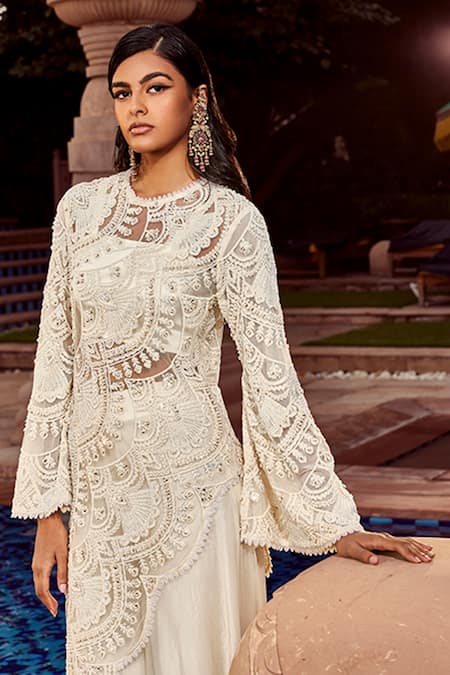 Shop Ridhima Bhasin Ivory Organza Scallop Work Round Embroidered Kurta And Pant Set Online at Aza Fashions Shop_Ridhima Bhasin_Ivory Organza Scallop Work Round Embroidered Kurta And Pant Set _Online_at_Aza_Fashions