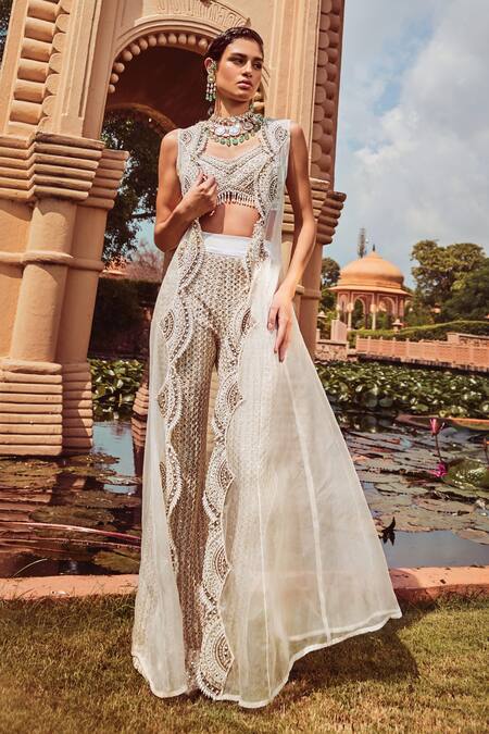 Buy Ridhima Bhasin Ivory Organza Scallop Work V Neck Embellished Pant Set With Long Jacket Online at Aza Fashions Buy_Ridhima Bhasin_Ivory Organza Scallop Work V Neck Embellished Pant Set With Long Jacket _Online_at_Aza_Fashions