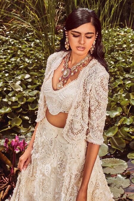 Ridhima Bhasin Ivory Organza Sequin And , Thread, Bugle Embroidered Jacket Lehenga Set Online at Aza Fashions Ridhima Bhasin_Ivory Organza Sequin And , Thread, Bugle Embroidered Jacket Lehenga Set _Online_at_Aza_Fashions