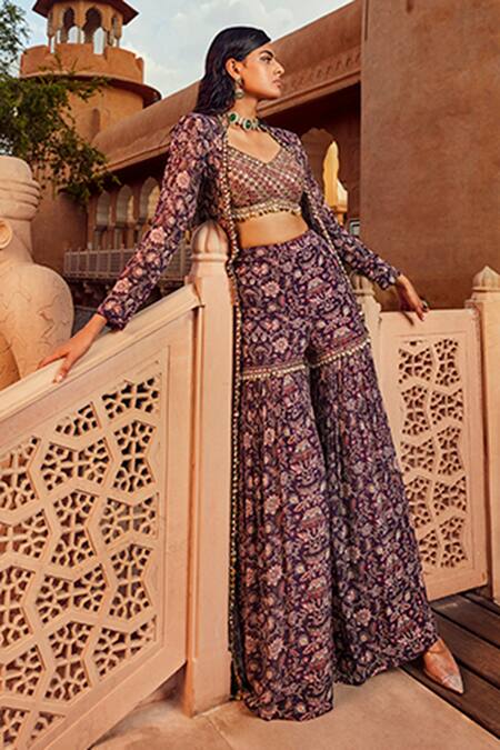 Buy Ridhima Bhasin Purple Georgette Floral Pattern V Neck Print Sharara Set With Cape Online at Aza Fashions Buy_Ridhima Bhasin_Purple Georgette Floral Pattern V Neck Print Sharara Set With Cape _Online_at_Aza_Fashions