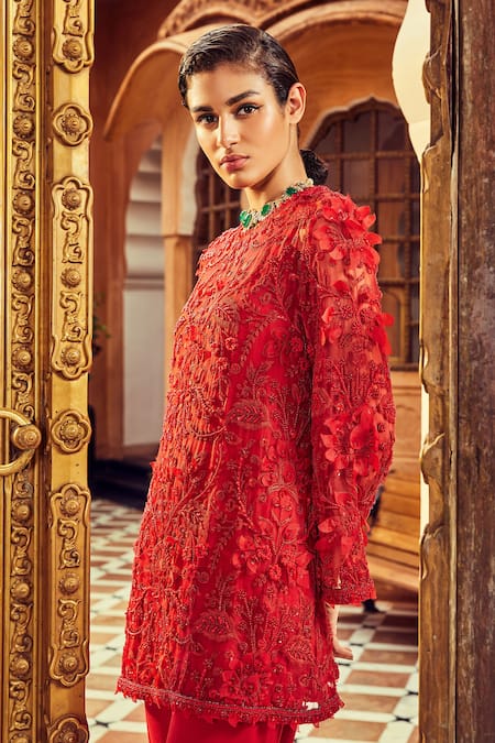 Ridhima Bhasin_Red Organza And Crepe 3d Floral Round Embellished Kurta & Harem Pant Set _at_Aza_Fashions