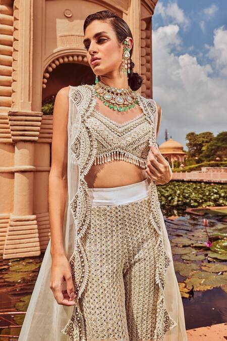 Shop Ridhima Bhasin Ivory Organza Scallop Work V Neck Embellished Pant Set With Long Jacket Online at Aza Fashions Shop_Ridhima Bhasin_Ivory Organza Scallop Work V Neck Embellished Pant Set With Long Jacket _Online_at_Aza_Fashions