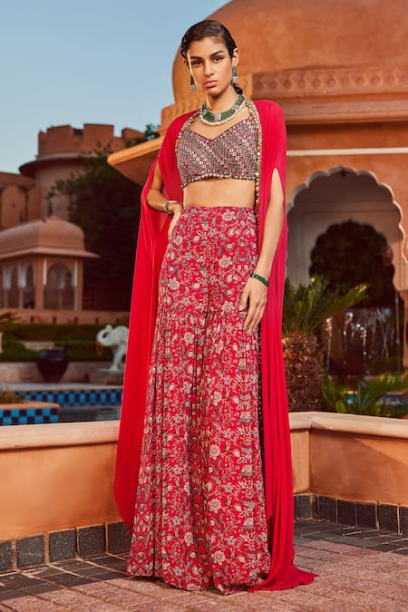 Ridhima Bhasin Pink Chiffon And Georgette Floral Pattern Bralette Print Sharara Set With Cape Online at Aza Fashions Ridhima Bhasin_Pink Chiffon And Georgette Floral Pattern Bralette Print Sharara Set With Cape _Online_at_Aza_Fashions