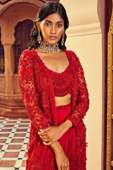 Buy_Ridhima Bhasin_Red Organza And Crepe 3d Floral Scoop Neck Embellished Jacket With Cowl Pant Set 