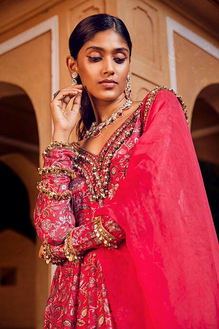 Buy Ridhima Bhasin Pink Chanderi And Organza Floral Pattern V Neck Print Anarkali With Dupatta Online at Aza Fashions Buy_Ridhima Bhasin_Pink Chanderi And Organza Floral Pattern V Neck Print Anarkali With Dupatta _Online_at_Aza_Fashions