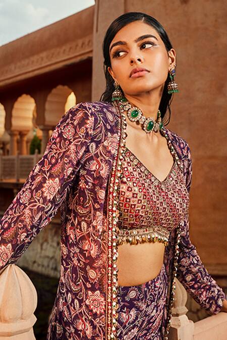 Shop Ridhima Bhasin Purple Georgette Floral Pattern V Neck Print Sharara Set With Cape Online at Aza Fashions Shop_Ridhima Bhasin_Purple Georgette Floral Pattern V Neck Print Sharara Set With Cape _Online_at_Aza_Fashions