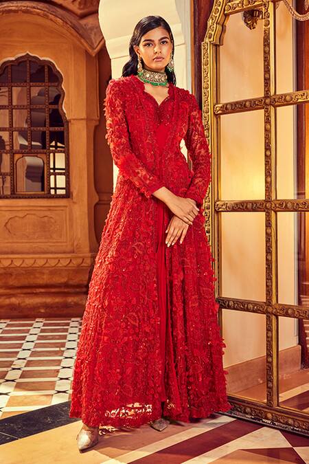 Buy Ridhima Bhasin Red Chiffon And Organza Embellished 3d Floral V Anarkali & Jacket Set Online at Aza Fashions Buy_Ridhima Bhasin_Red Chiffon And Organza Embellished 3d Floral V Anarkali & Jacket Set _Online_at_Aza_Fashions