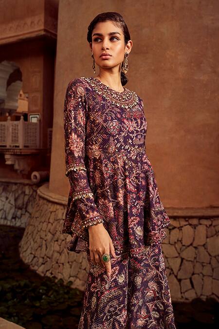 Ridhima Bhasin Purple Raw Silk Floral Pattern Round Print Peplum And Sharara Set Online at Aza Fashions Ridhima Bhasin_Purple Raw Silk Floral Pattern Round Print Peplum And Sharara Set _Online_at_Aza_Fashions